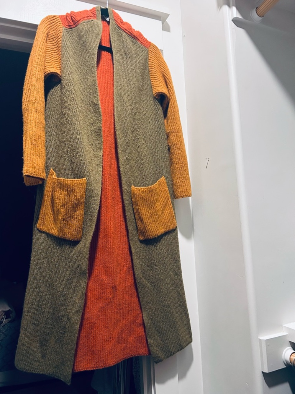 Colorblock Knit Long Cardigan - Olive, Mustard & Rust